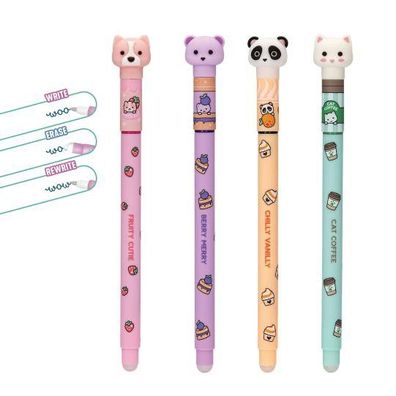 4 Stéck Radierbare Gelstifte Colour Tierkopf Motive im Set rosa, lila, schwarz und gr