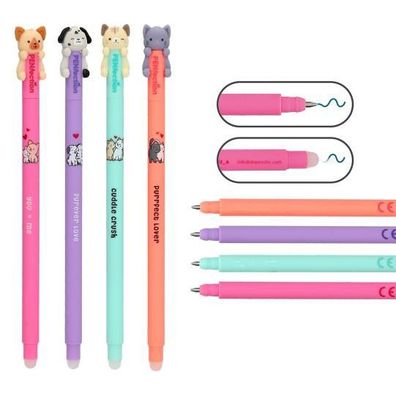 4 Stéck Radierbare Gelstifte Hund u. Katze Motive im Set Pink, Apricot, Grén, Lila
