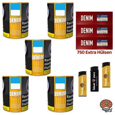 Denim Volumentabak Dose 5x 60g, 750 Extra Hülsen, Feuerzeuge