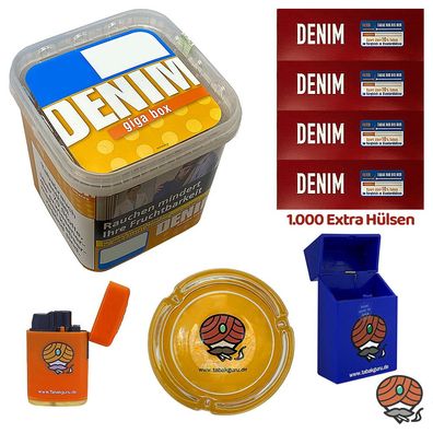 Denim Volumentabak GIGA Box 315g, 1000 Extra Hülsen, Glasascher, Zubehör