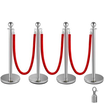 VEVOR Absperrpfosten 4er Set Edelstahl mit 3 roten Samtseilen 96 cm silber