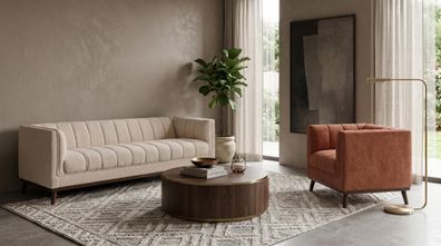Beige-braunes Wohnzimmer-Set 3-Sitzer-Sofas Stoffsofas modern Sofagarnitur