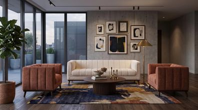 Beige-braunes Wohnzimmer-Set Sofas Stoffsofa zwei Sessel modern