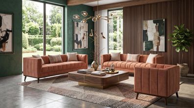 Braunes Wohnzimmer-Set Sofas Stoffsofas Sessel Designer-Möbel