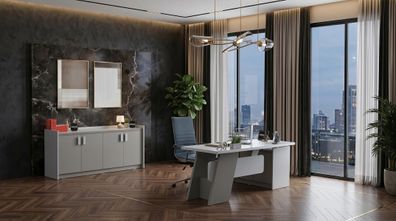 Graues Büro-Set Schreibtisch Schrank Designermöbel modernes Arbeitszimmer
