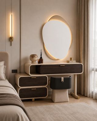 Schlafzimmer Set Schminktisch Sitzhocker Spiegel Modern Beige Bequem