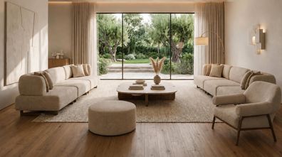 Modernes Designer Wohnensemble 3 + 3 + 1 Sitzer Sitzhocker Komfort Set