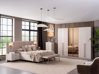 Schlafzimmer Set Bettanlage Kleiderschrank Bettbank Modern Beige Fein