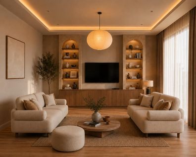 Elegantes Wohnzimmer Set mit zwei 3-Sitzern und passendem Sitzhocker Beige
