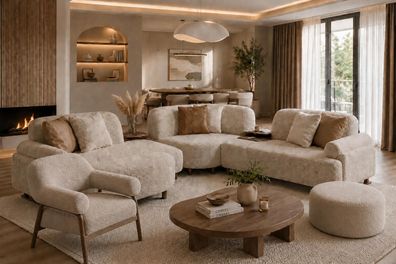 Komfortables Wohnzimmer Set mit großzügigem Ecksofa, Sessel und Sitzhocker