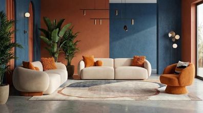 Set Wohnzimmer modern 2x Sofa 3 Sitzer und Sessel Boucle Beige