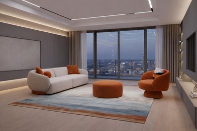 Modernes Set für Wohnzimmer Sofa Sessel Hocker Boucle Beige Orange