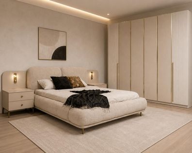 Schlafzimmer Set Bettanlage Kleiderschrank Modern Beige Luxuriös Edel