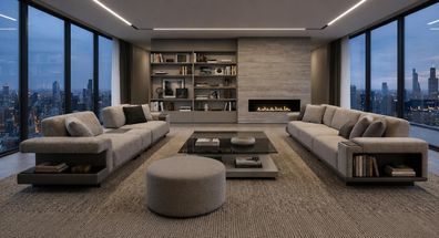 Stilvolles Wohnset Zwei 3-Sitzer Sitzhocker Komfort Design Premium