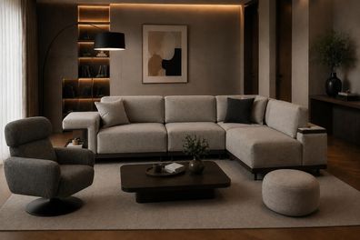 Komfortables Wohnzimmer Set mit Ecksofa, Sessel und Hocker
