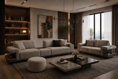 Modernes Wohnzimmer-Set: 3 + 3-Sitzer mit Sitzhocker