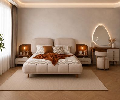Schlafzimmer Set Bett Schminktisch Sitzhocker Modern Beige Universell