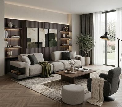Elegantes Wohnzimmer Set mit 3 + 1 Sitzern und passendem Hocker
