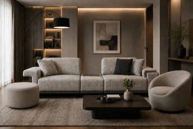 Stilvolles Wohnzimmer Set 3 + 1 Sitzer mit praktischem Sitzhocker