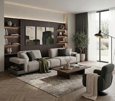 Beiges Wohnzimmer Sofa Set Stoffsofa Textilsessel Designer Möbel