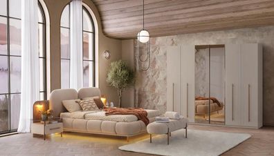 Schlafzimmer Set Bett Kleiderschrank Bettbank Modern Beige Elegant