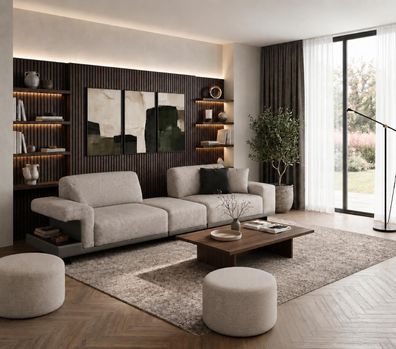 Modernes Wohnzimmer Set mit 3-Sitzer und 2 praktischen Hockern