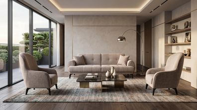 Stilvolles beige Wohnzimmer-Set 2-Sitzer-Sofas Stoffsofas 2 Sessel