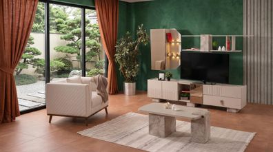 Beiges TV-Set Kommode aus Holz Regal Couchtisch Wohnzimmer-Set