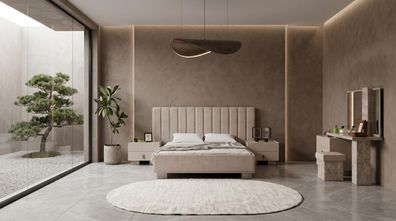 Modernes Schlafzimmer-Set in Beige Bett Schminktisch Nachttische Designer-Set