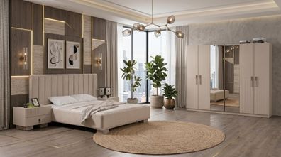 Beiges Schlafzimmer-Set Bett großer Kleiderschrank Nachttische Designermöbel