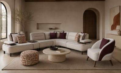 Wohnzimmer Set Ecksofa Sessel Sitzhocker Modern Weiß Edel Luxuriös