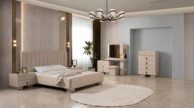Modernes Schlafzimmer-Set in Beige Bett Kommode Schminktisch 2 ? Nachttische