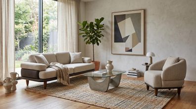 Beiges Wohnzimmer-Set 3-Sitzer-Sofa Sessel Stoff Designer-Modelle modern