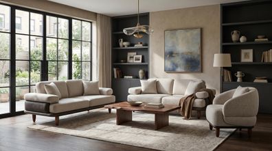 Stilvolles beige Wohnzimmer-Set Sofas Sessel Designermöbel