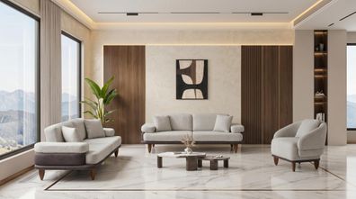 Beiges Wohnzimmer-Set Sofas Sessel Polstermöbel Wohnzimmer
