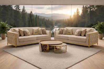 Komfortables Weiss Sofa Set mit Gold Akzent Couchtisch