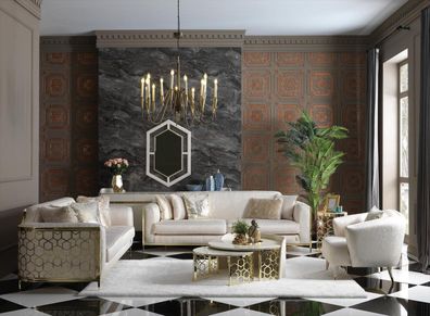Weiss Luxus Wohnzimmer Set mit Gold Akzenten Sofa Sessel Couchtisch