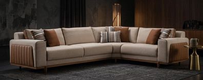 Designer Eckcouch Beige Braun Kombi mit Holz Fuss Eleganz