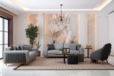 Designer Garnitur mit 3 + 3 + 1 Sitzer Sofa und Sessel Grau