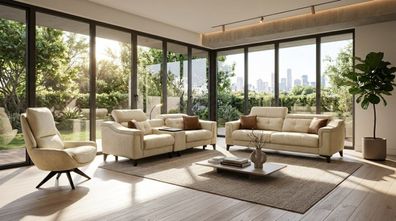 Luxuriöses Beiges Sofa Set Exklusiver 3-Sitzer Stoffsessel Zweisitzer