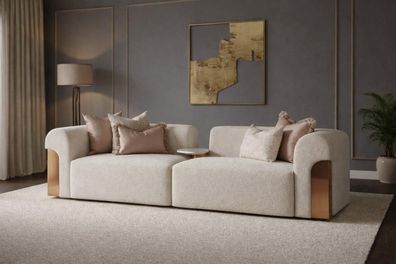 Wohnzimmer Sofa Modular Hellbeige Creme 4 Sitzer Holzdetails Boucle