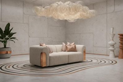 Elegantes Beige Curved Lounge Sofa Boucle Stoff mit Kupfer Elementen