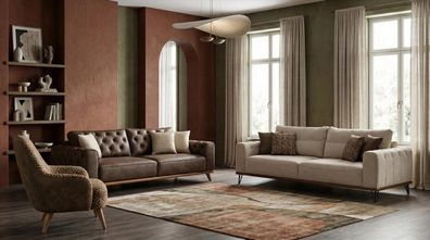 Braunes und Beiges Sofa Set 3 + 3 + 1 Chesterfield Style Polstersessel Holzfuße