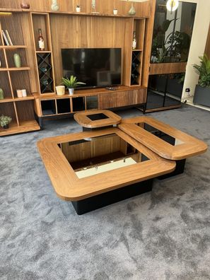 Luxus Couchtisch Set Walnuss Holz Glas und Beistelltische fuer Wohnzimmer