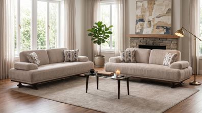 Zeitloses Wohnzimmer-Set mit 3 + 3-Sitzer und komfortabler Polsterung Beige