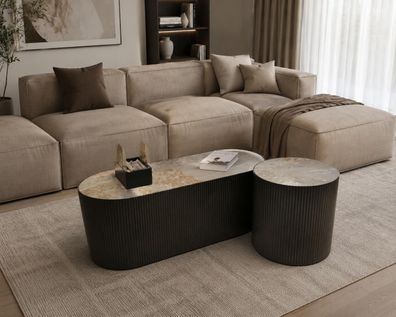Couchtisch Set Oval Rund Marmoroptik Geriffelt Schwarz 2er Set