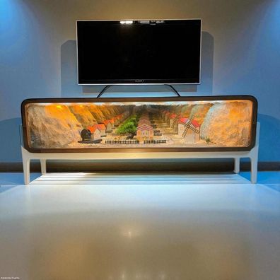 Modernes TV Lowboard Beleuchtete Vitrine Weiss Holz