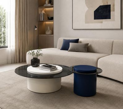 Wohnzimmer Tisch Set Couchtisch Rund Glas mit Blauem Beistelltisch