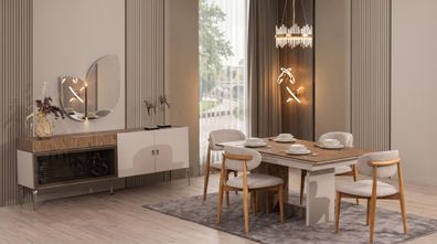 Modernes Esszimmer Set Esstisch Stühle(4x) Kommode Spiegel Beige Holz