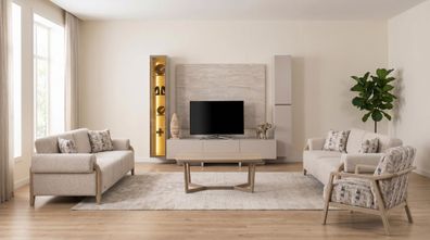 Edles TV Wohnwand Set Couchtisch Sofa Sessel 3 + 3 + 1 Beige Luxus